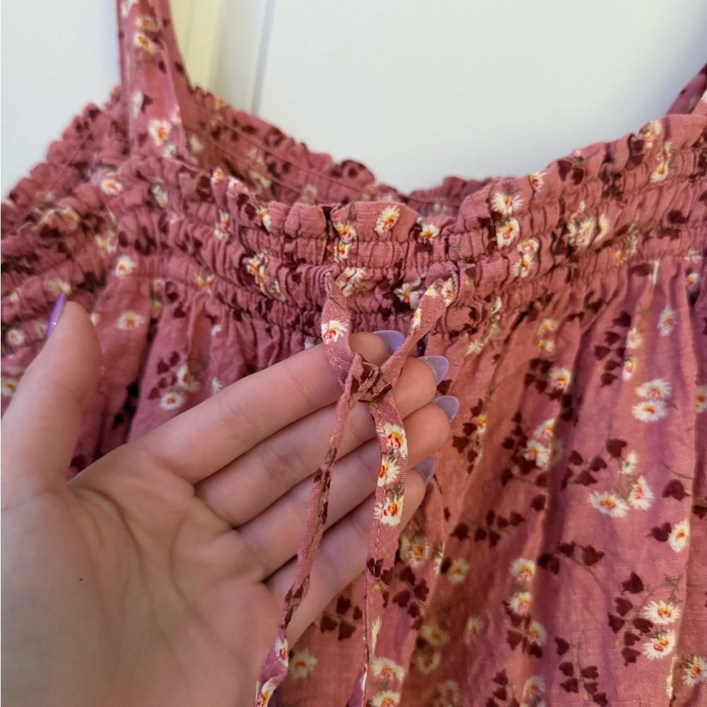 EASEL Floral Smocked Tank Cami Top Blush Pink Tie Boho Flower Square Neck Sz L - Picture 5 of 6